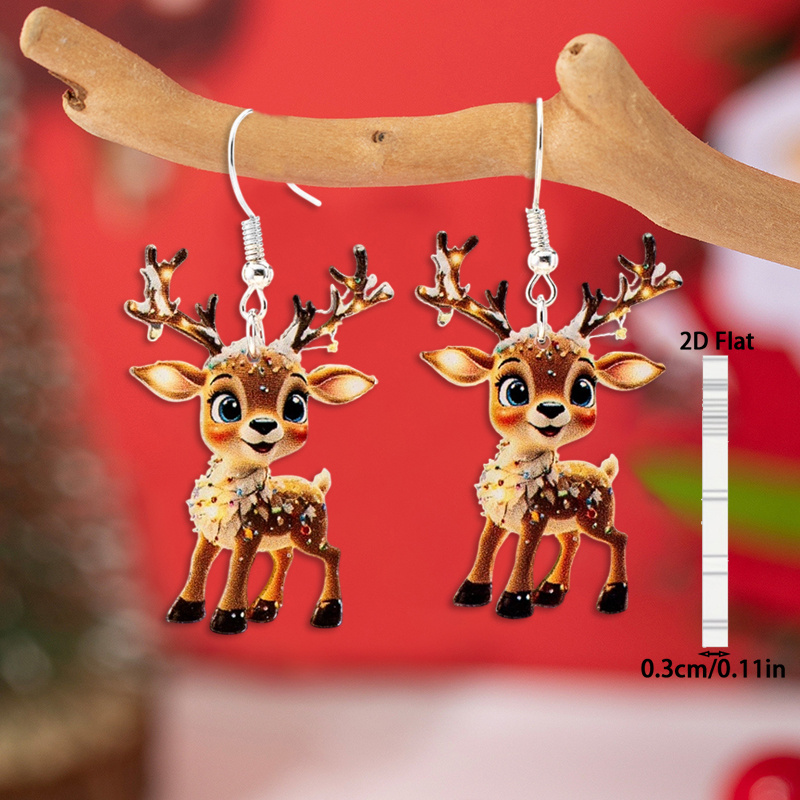 TEMU 2d Flat, 1 Pair Christmas Cartoon Reindeer Elk Earrings, Acrylic Color-printed Christmas Party Cute Antler Reindeer Earrings, Christmas Gift,