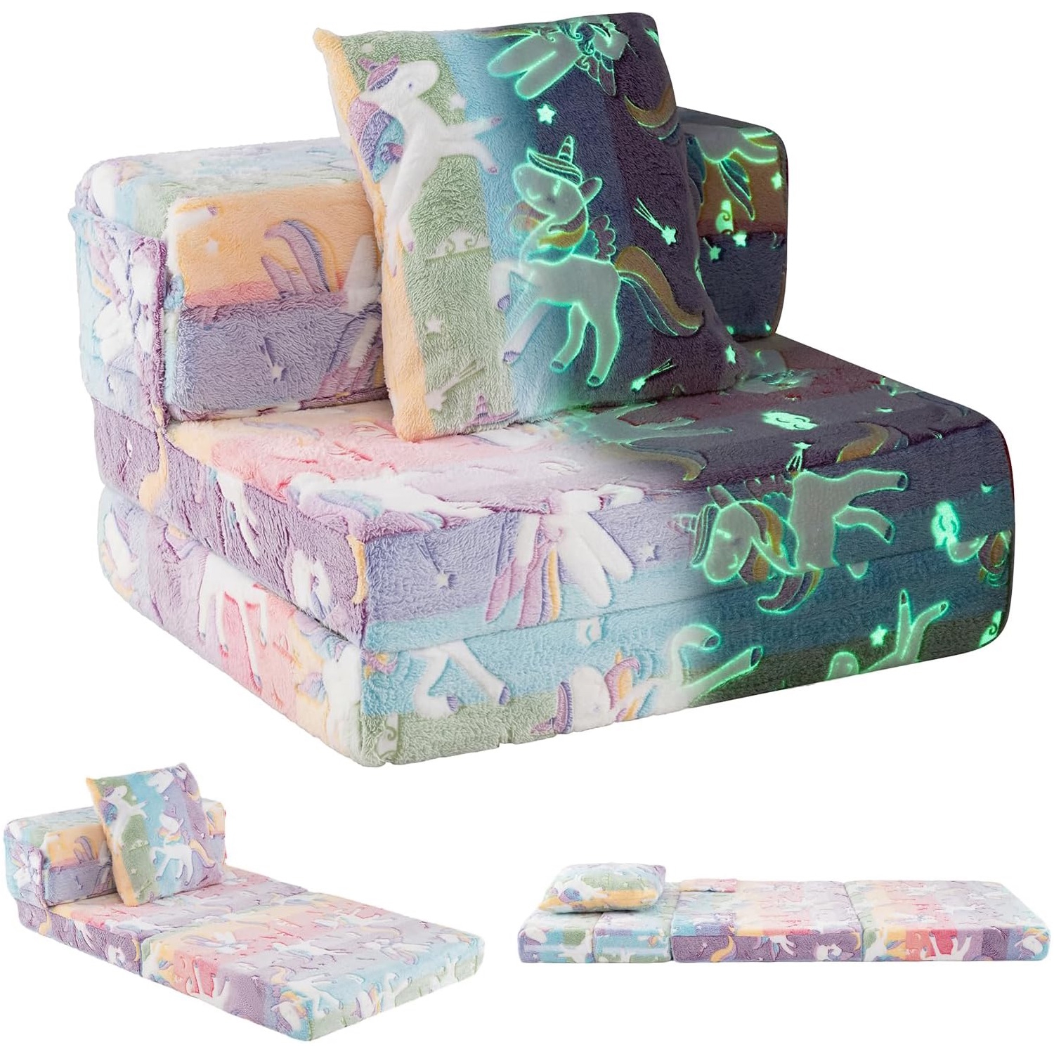 Image of Kids Couch, 3-in-1 Fold Out Sofa Bed With Washable Zippered Covers & Extra Pillow, Lovely Unicorn Patterns, Convertible Floor Mattress For Playroom