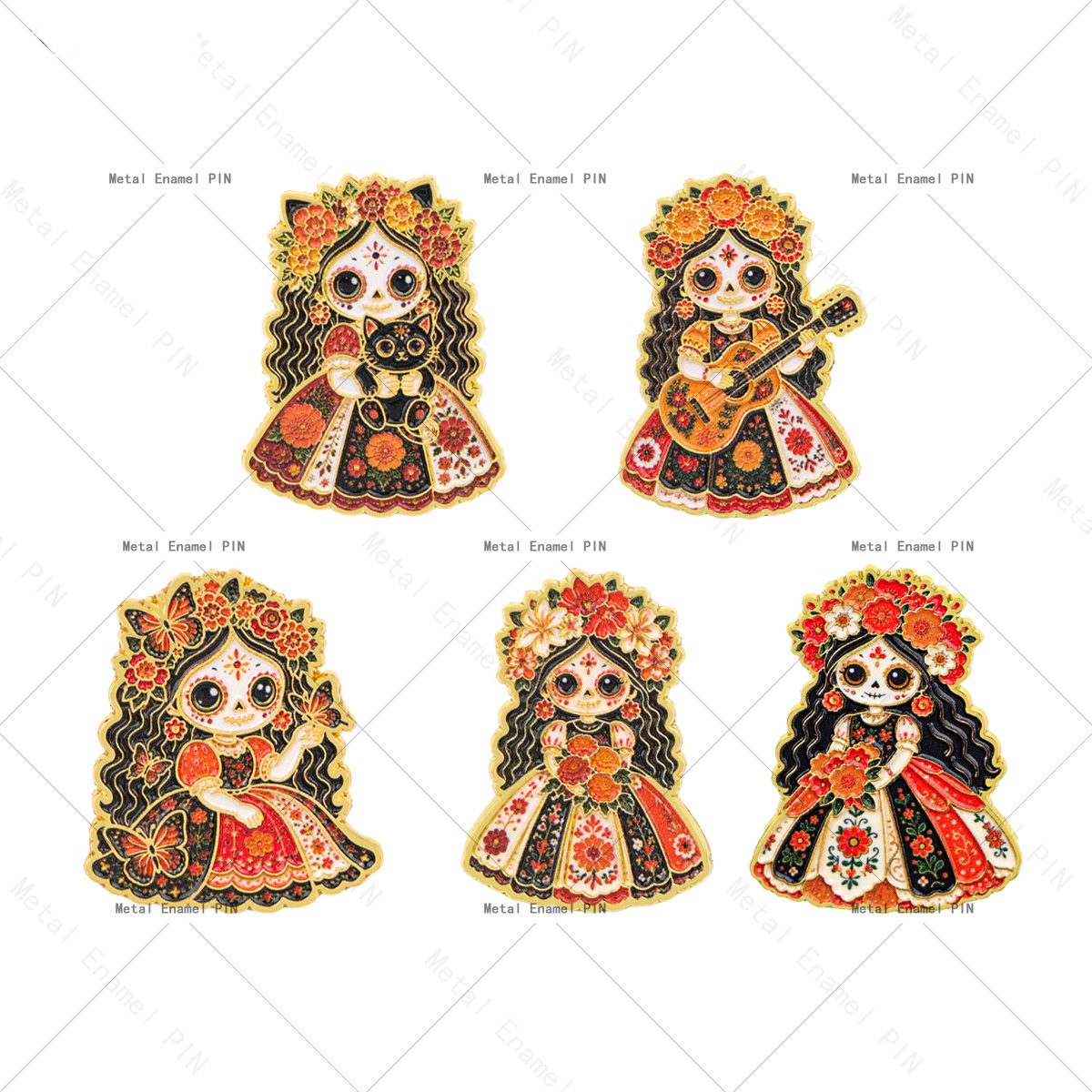 TEMU Set de 5 pins de esmalte de la Día de Muertos con muñeca de , broche de solapa de calavera de mexicana, regalo de decoración floral del Día de