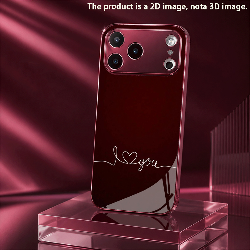 TEMU Phone Case - 2d Flat Love Burgundy Electroplated Tempered Glass Phone Case Suitable For Iphone 17, 17 Air, 17 Pro, 17 Pro Max, 16, 16 Plus, 16