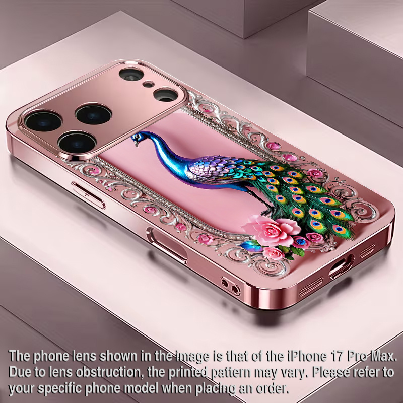 TEMU Phone Case - Peacock Decoration Pattern Adopts High-grade Electroplated Glass Mobile Phone Case Foriphone16, 16plus, 16pro, 16promax, Iphone17,
