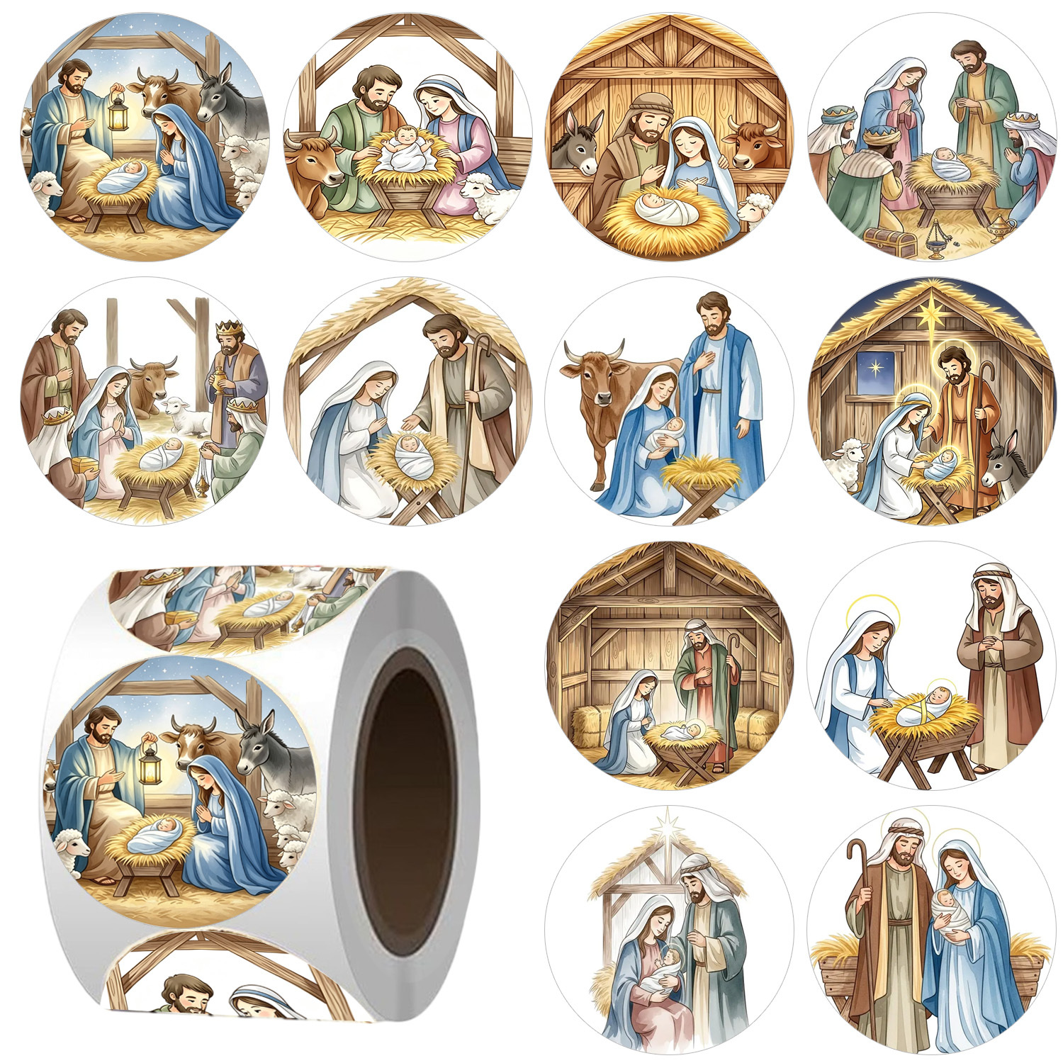 TEMU 480pcs Christmas Religious Self-adhesive Stickers Nativity Scene Watercolor Christmas Holy Family Manger Christian Religious Holiday Art,