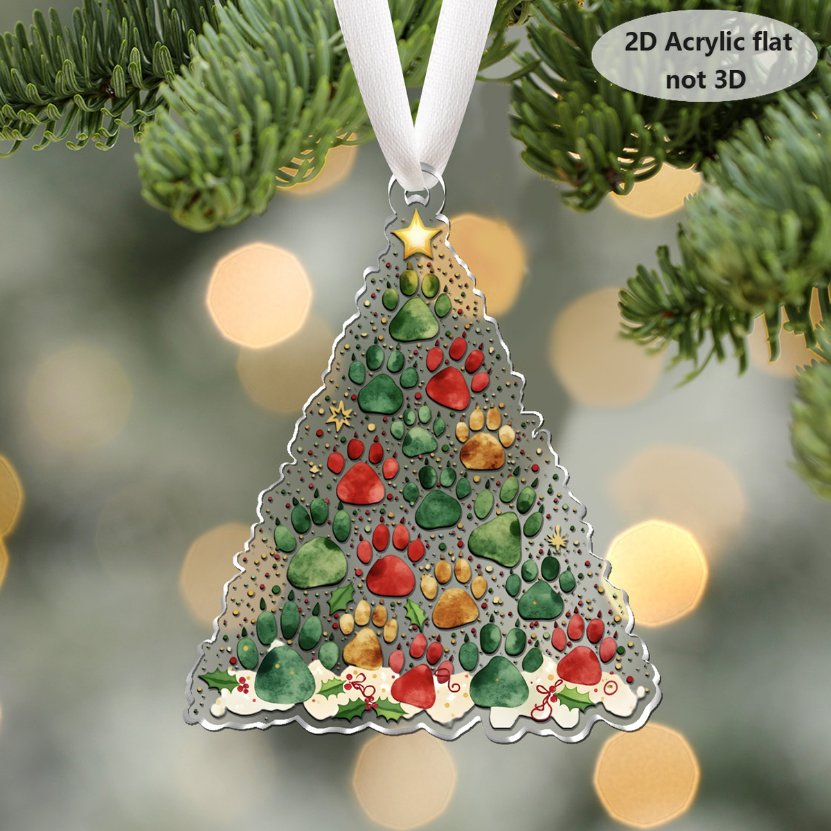 TEMU 2d Flat, 1pc Tree-shaped Print Ornament Suitable For Home Desktop & Christmas Tree Decor, Acrylic Hanging Pendant With Cat/dog Paw Patterns -