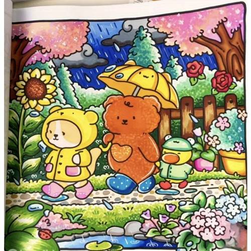 a hand drawn spring healing moment coloring book with dimensions of 216mm 216mm 8 5in 8 5in a zero beginner tracing and doodling art book for adults and teens features adorable little animals a bunny with a bow holding taking