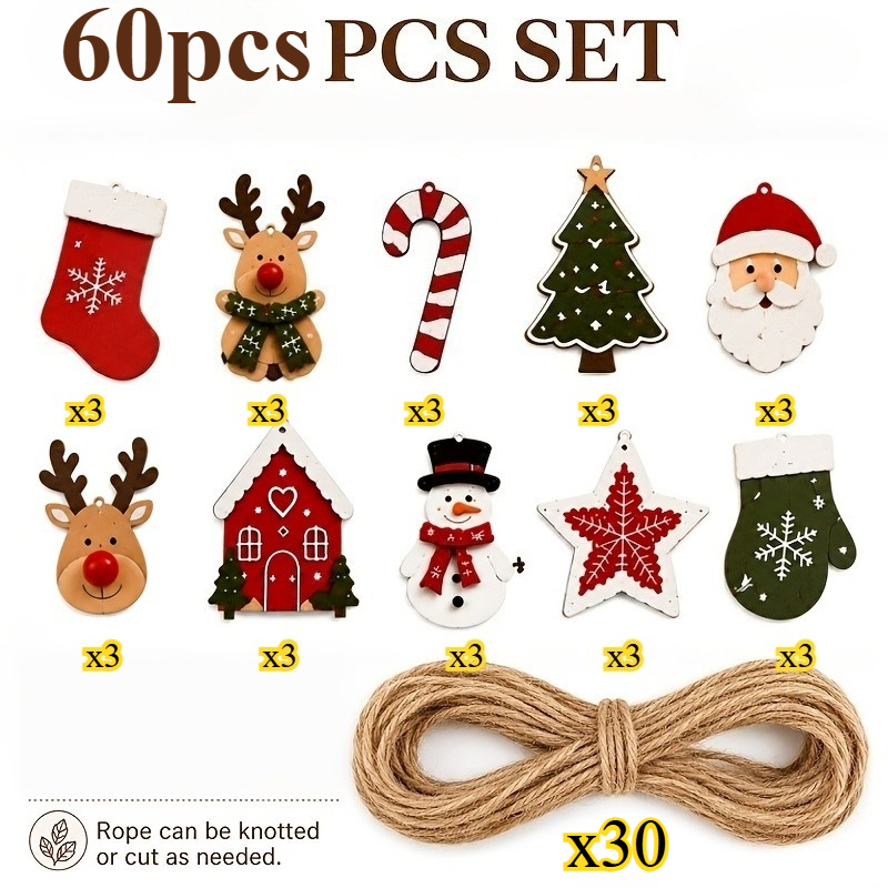 TEMU Kit da 60 pezzi di ornamenti natalizi in legno: 30 corde per appendere + 30 ornamenti in legno, Renna Casa sull'albero Stella Calza, per albero