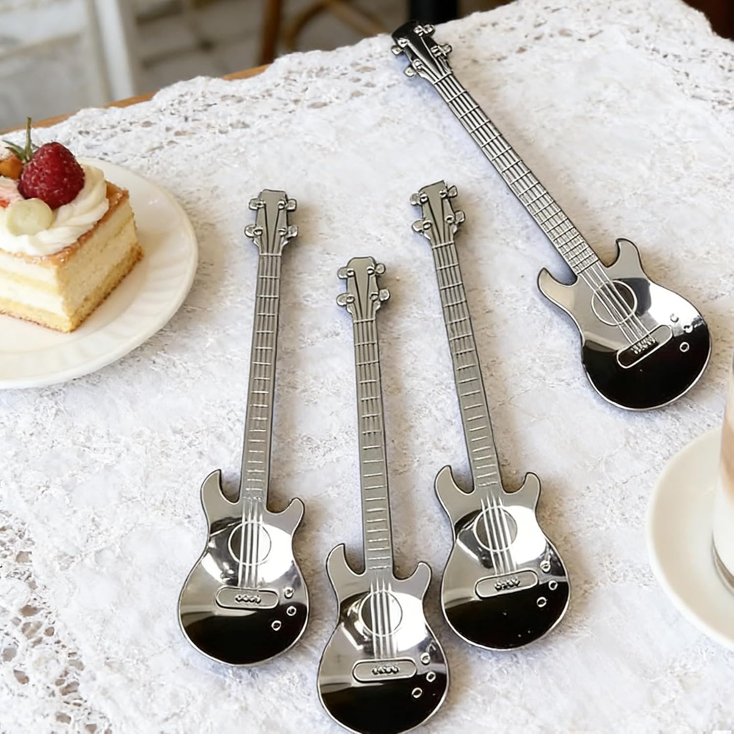 TEMU 4 Cuillères en Acier Inoxydable de Guitare, Cuillères à Café et à Thé, Cadeaux Uniques pour Amateurs de Musique