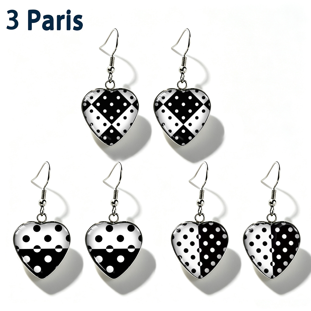 TEMU 3-pair Set Of Minimalist Black And White Contrast Color Polka Dot Heart-shaped Earrings, Unisex Versatile Stainless Steel Ear Jewelry