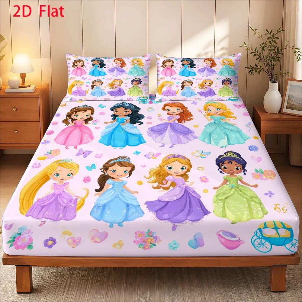 TEMU 3pcs Mattress Protector Set, 1pc Fitted Sheet And 2pcs Pillowcases (filling Not Included) 2d Flat Printing, Pink Princess Theme, Cartoon Style,