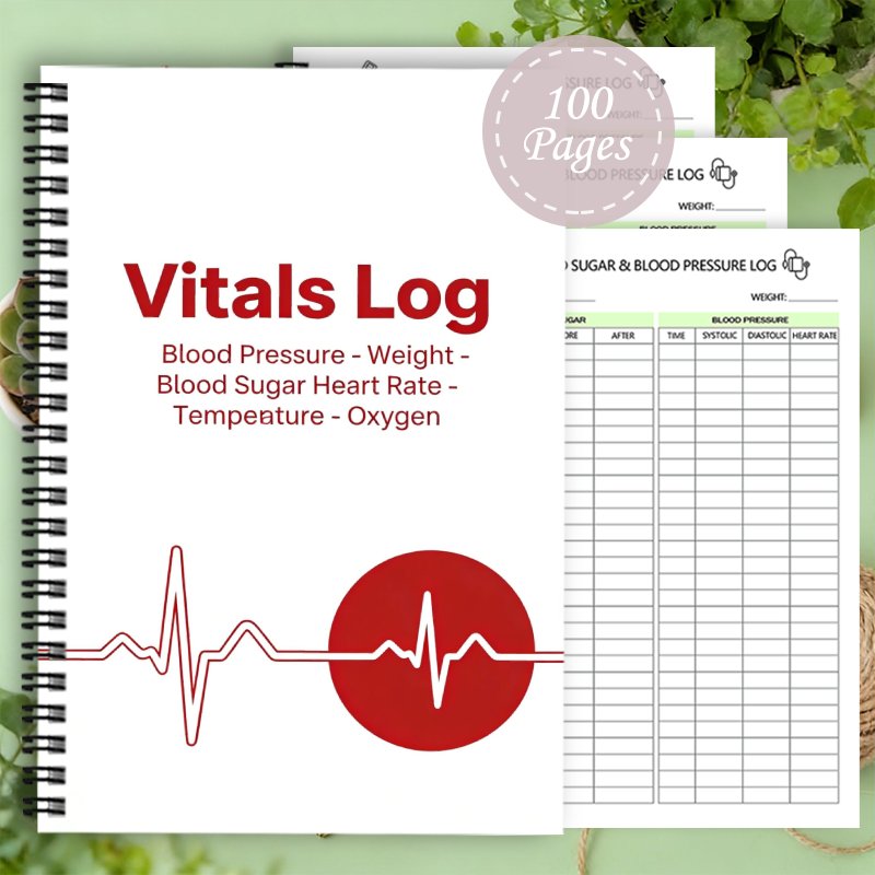 1pc Vitals Log Notebook | Daily Recording And Tracking Of Blood Pressure, Weight, Blood Sugar, Heart Rate, Temperature, Oxygen - Compact Health Journal For Diabetes Monitoring At Home With Glucose Meter Testing Tracking