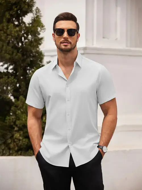 men's short sleeve white dress shirts wrinkle free Ash & Erie White Oxford Wrinkle Free Short Sleeve Shirt for Short Men White Oxford / XS / Slim