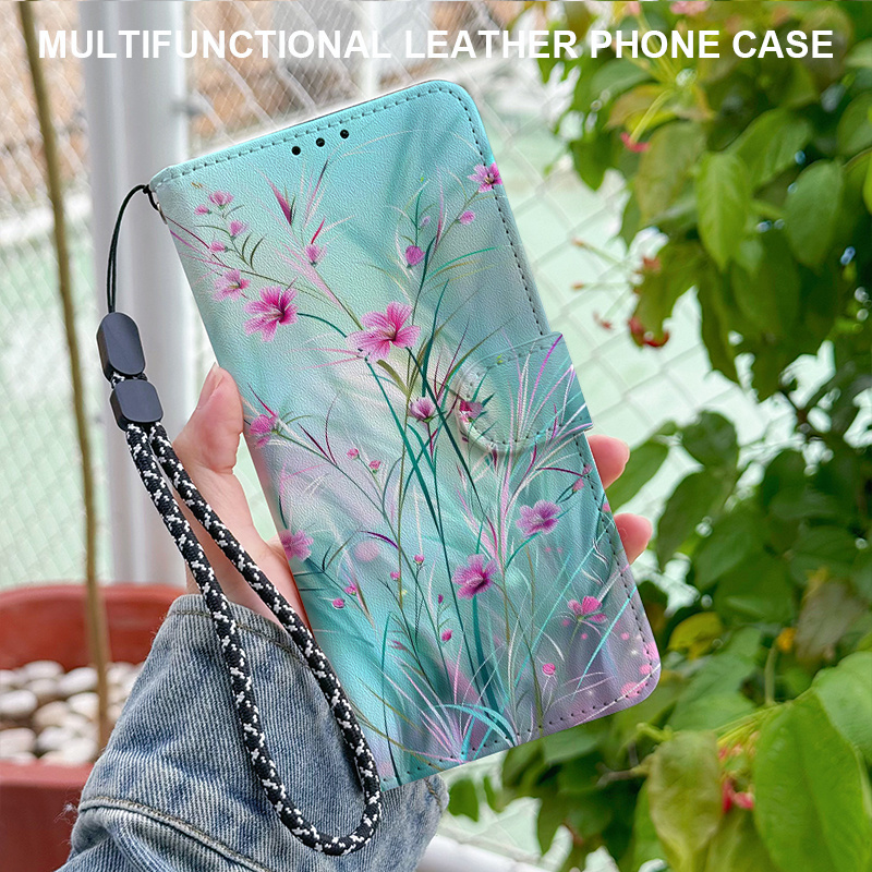 TEMU Phone Case - A Fashionable Floral Pattern Flip Wallet Phone Case Foldable, Featuring Card Slots, A Magnetic Closure, And A Detachable Lanyard,