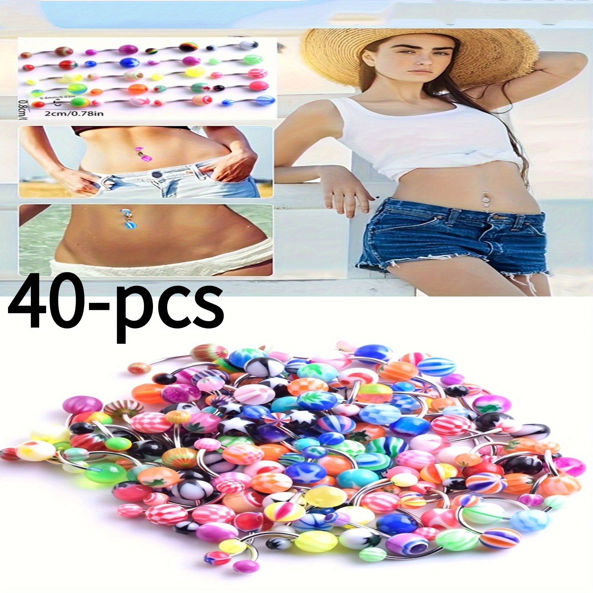 Random40pcs Belly Button Ring Set] Mixed Colorful Ball Belly Button Ring Bohemian Barbell Navel Nail Body Piercing Jewelry Gift Women Body Piercing Jewelry Set