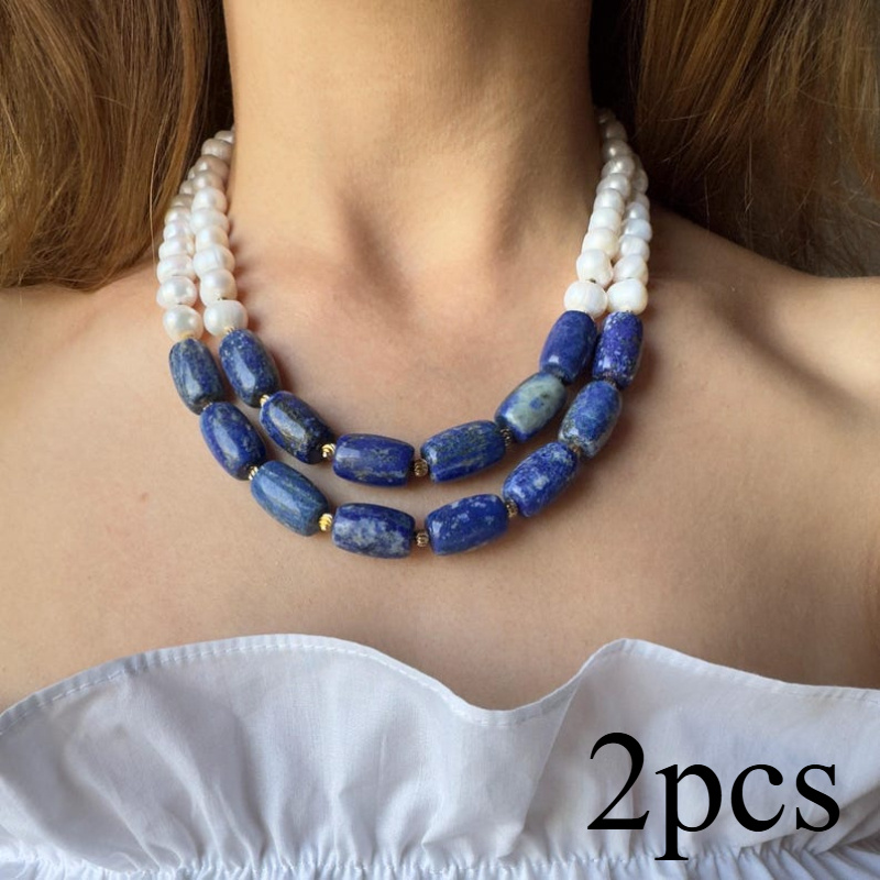 TEMU Elegante conjunto de collar de piedra natural multicapa, estilo bohemio tono azul