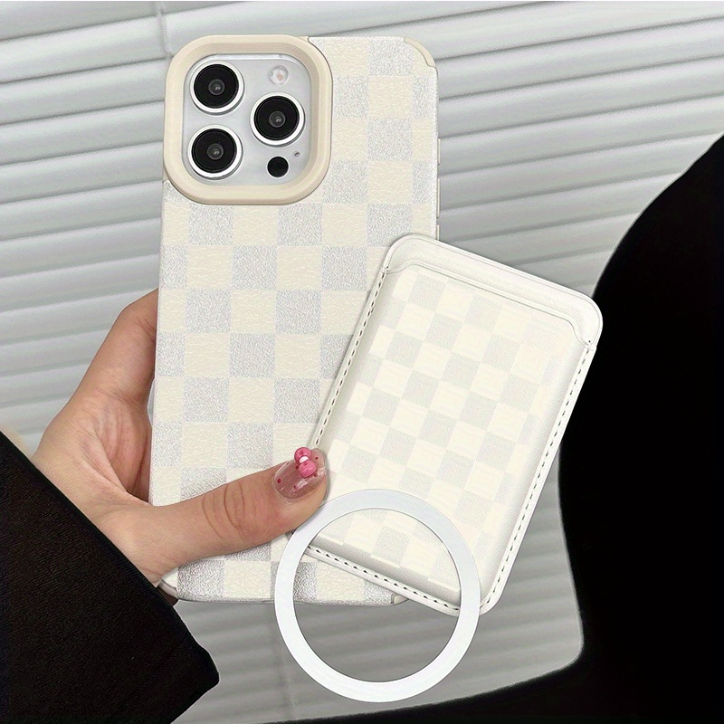TEMU Phone Case - This Is A Two-part Set Featuring A Faux Leather Phone Case And A Faux Leather Magnetic Card Holder With A Black And White Plaid