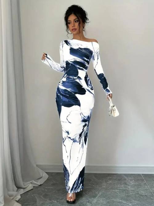 womens elegant off shoulder tie dye floral print bodycon dress stretchy polyester spandex blend machine washable versatile for casual formal occasions stylish party attire elegant long dress construction