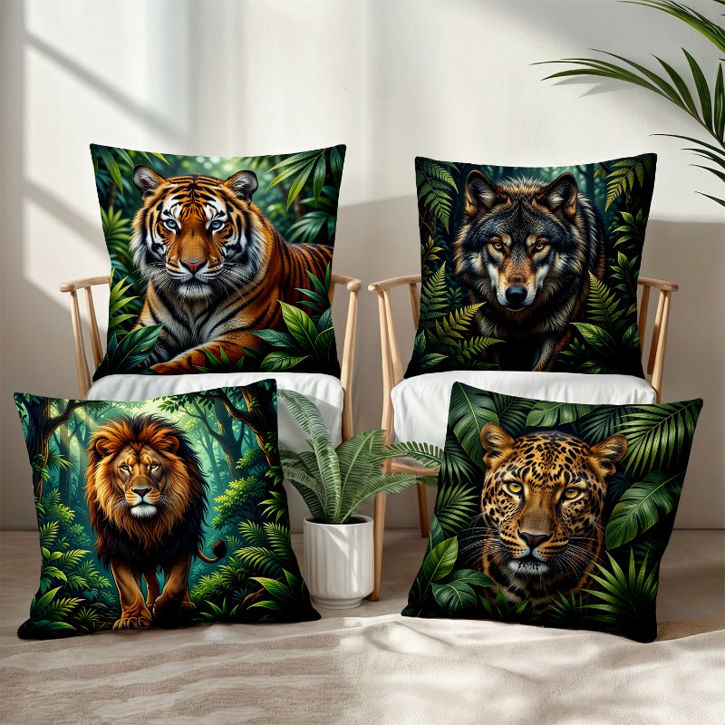 TEMU 4pcs 2d Flat Jungle Print Pillowcase Set, Wild Ins-style Living Room Sofa Cushion Covers, Single-sided Print, Zipper Closure, Machine Washable,