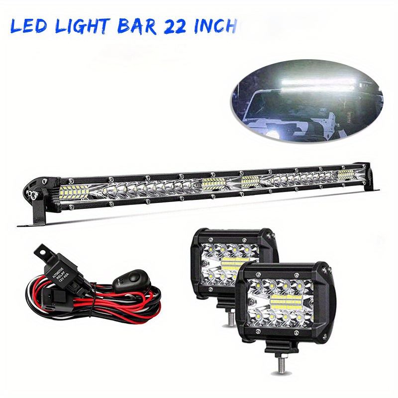 TEMU 2pcs Led Light Bar Set For Vehicles - 22" Single Row & 4" Dual-row, 6000k White Light, Adjustable Mounting, Aluminum, With Wiring Harness - Ideal For Trucks, , Boats, Led Lights For Car