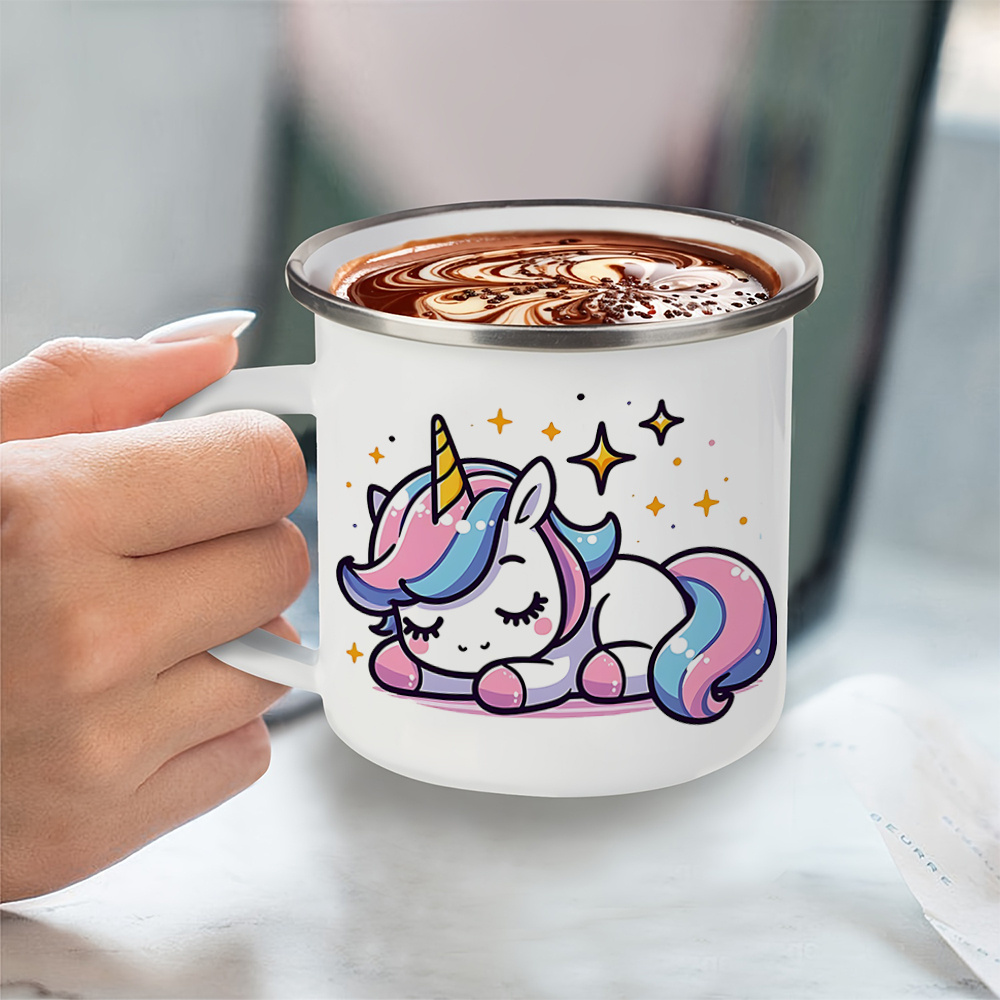 Image of 1pc Unicorn Enamel Mug White Double-sided Print Mug, Reusable Tea Cup, Ideal For Drinks, Home Gatherings, Gift For Family, , , Anniversaries, Birthdays, Teachers' Day, Thanksgiving.