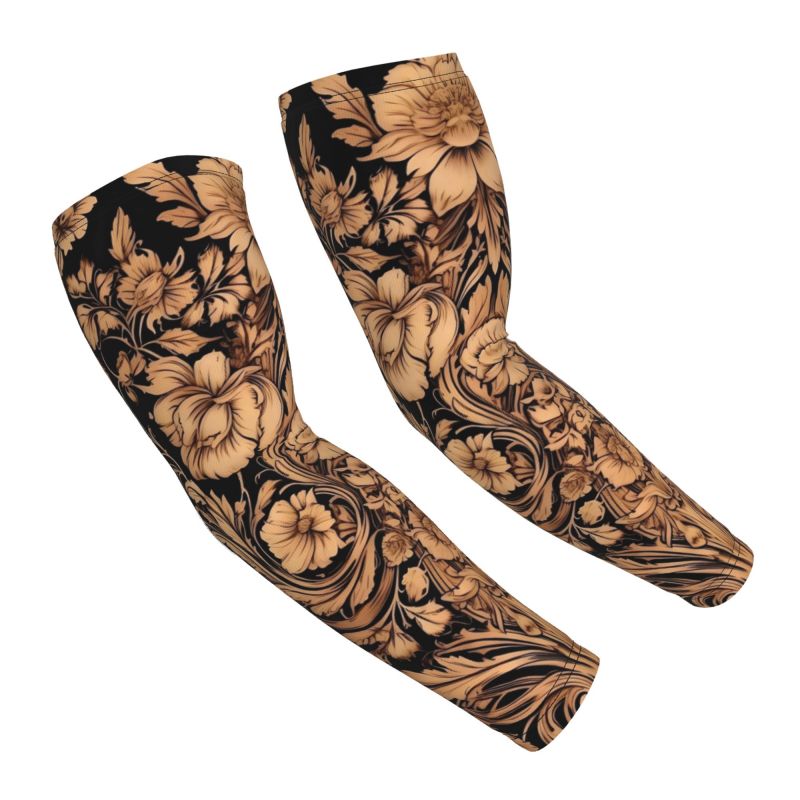 TEMU Black Golden Baroque Tattoo-style Vintage Floral Arm Sleeve Print, Baroque-style Full-floral Sun Printed Sleeve Cover, 3d