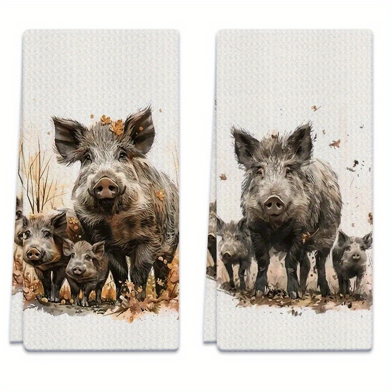 Image of 2pcs 2pcs Wild Boar & Piglet Dish Towels - Absorbent Microfiber Kitchen Suitable For Cooking, Baking, Bathroom Cleaning, Decorative Suitable For Home Kitchen, Parties, Outdoor Activities With