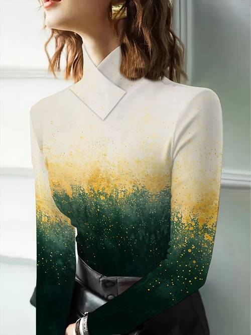 womens cross over half turtleneck long sleeve top with green golden gradient ink splatter art print fit flattering top for an look t shirt