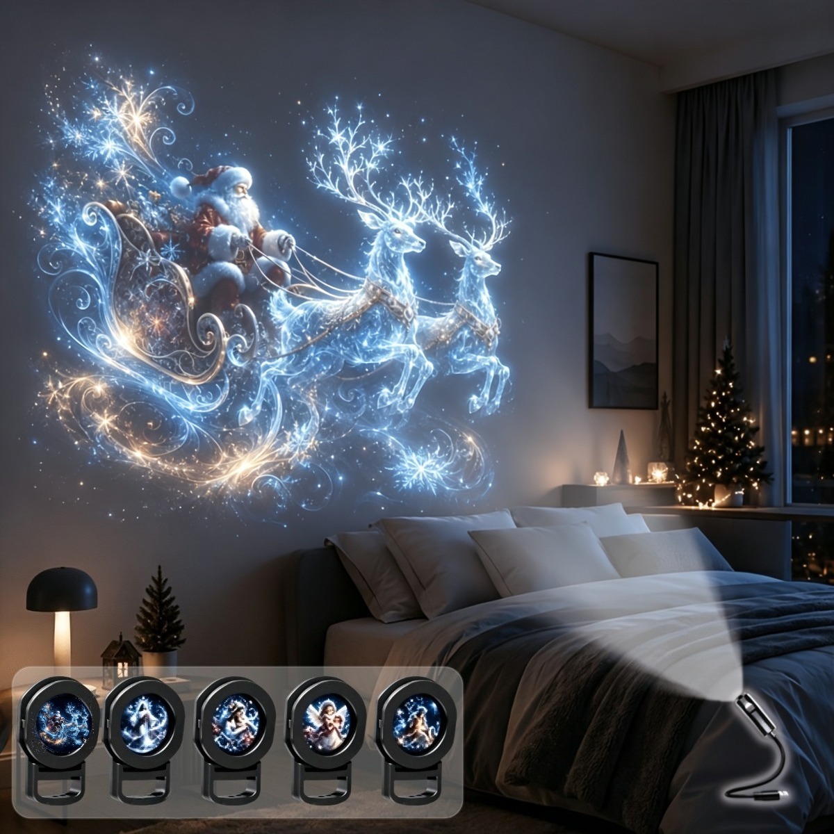 TEMU Ensemble de 5 pièces à motif de personnages de Noël + 1 lampe à projection, périphérique d'ordinateur USB à projection remplaçable, gadget USB,