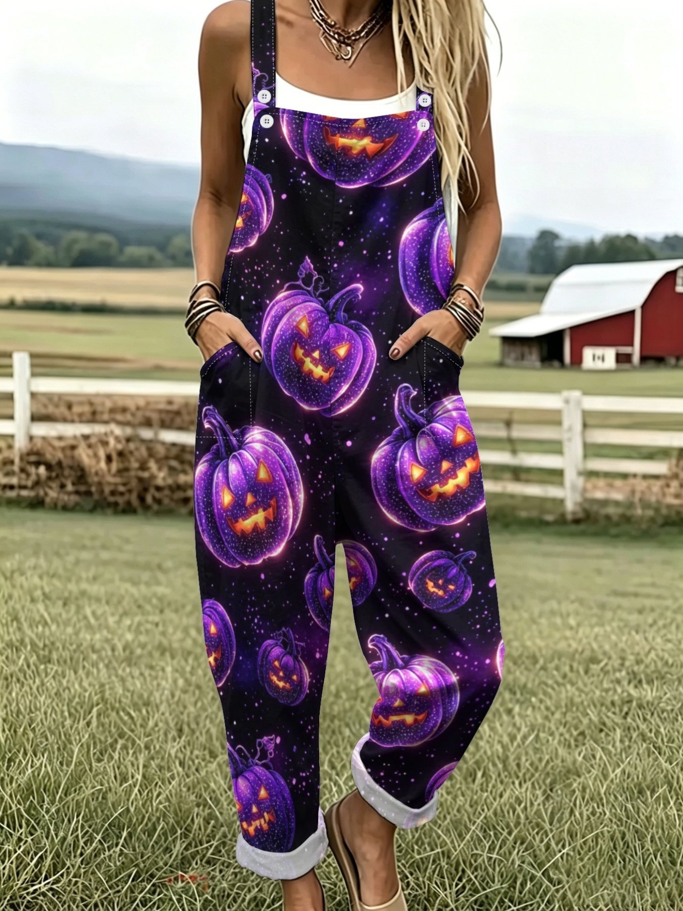 item picture halloween womens casual overalls with a fashionable sleeveless button design featuring pumpkin and gourd graphics suitable for vacation and casual attire with pockets and a loose fit newly   version
