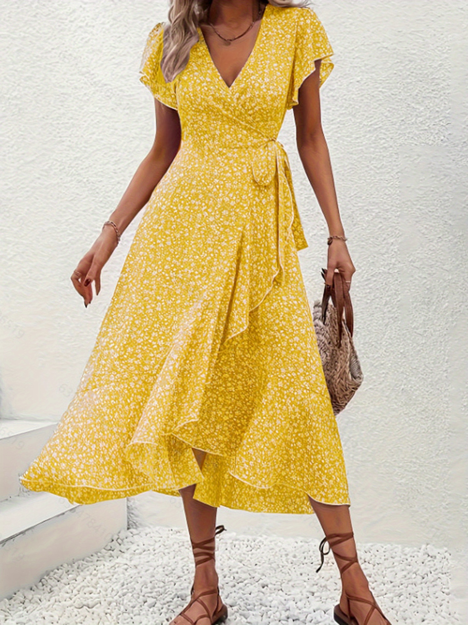 women's summer floral print ruffle dress - elegant short sleeve v-neck  tie-side waist adjustable midi dress, breathable lightweight fabric for  casual & formal occasions, cute summer dresses, soft gathered waist -  women's
