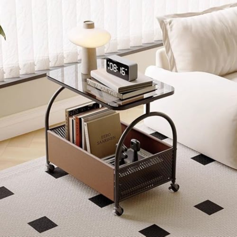 item picture   side table with wheels perfect as a coffee table or nightstand featuring a storage basket ideal for use in   living room patio or office