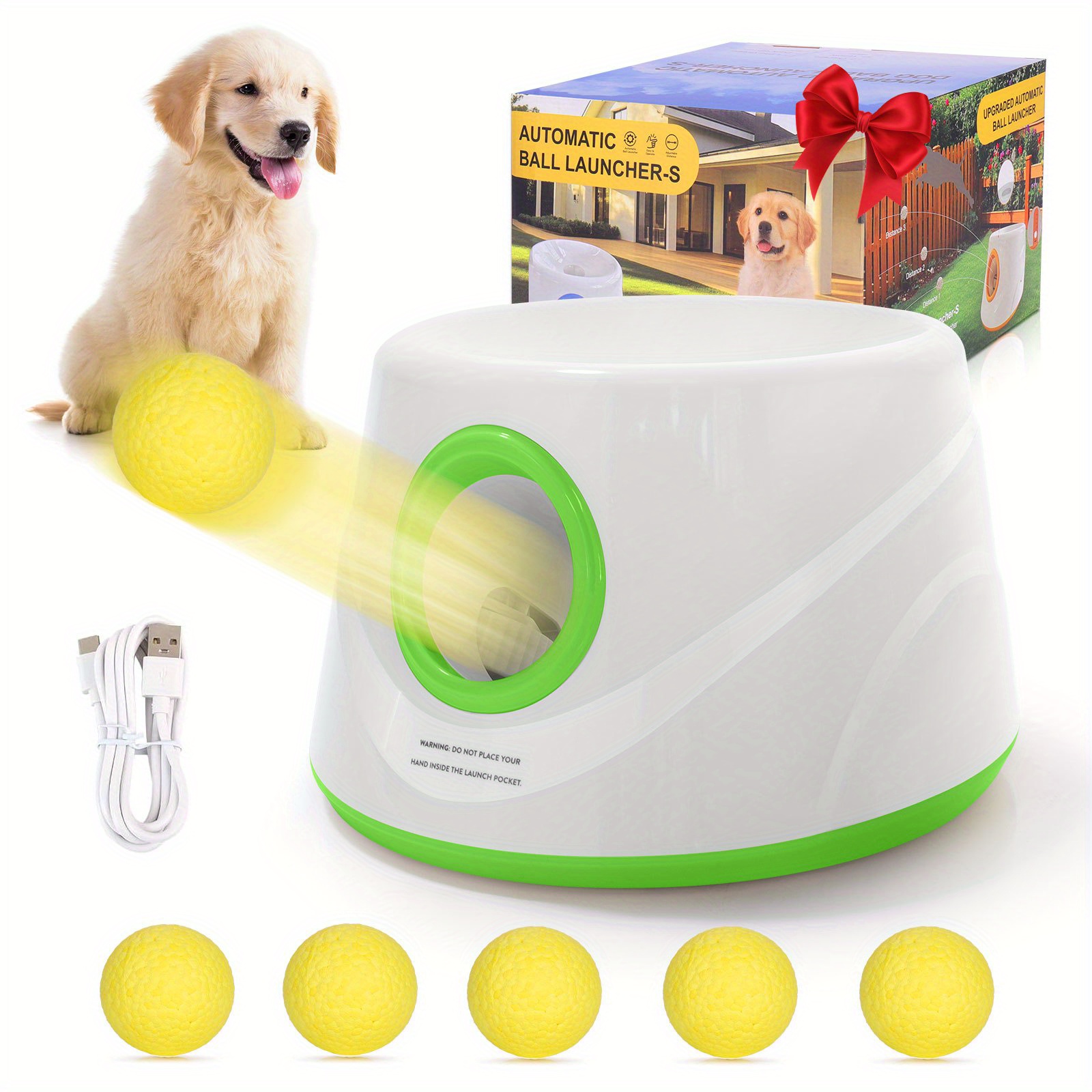 TEMU Automatic Dog Ball Launcher - Interactive Foam Tennis Ball Thrower, Suitable For Small And Medium-sized Dogs, Includes 5 Foam Tennis Balls, An