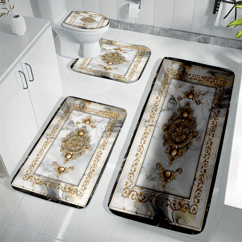 TEMU Ensemble de tapis antidérapants pour salle de bain 4 pièces, moderne - Imprimé design marbre européen, motif rétro bohème , tapis antidérapant