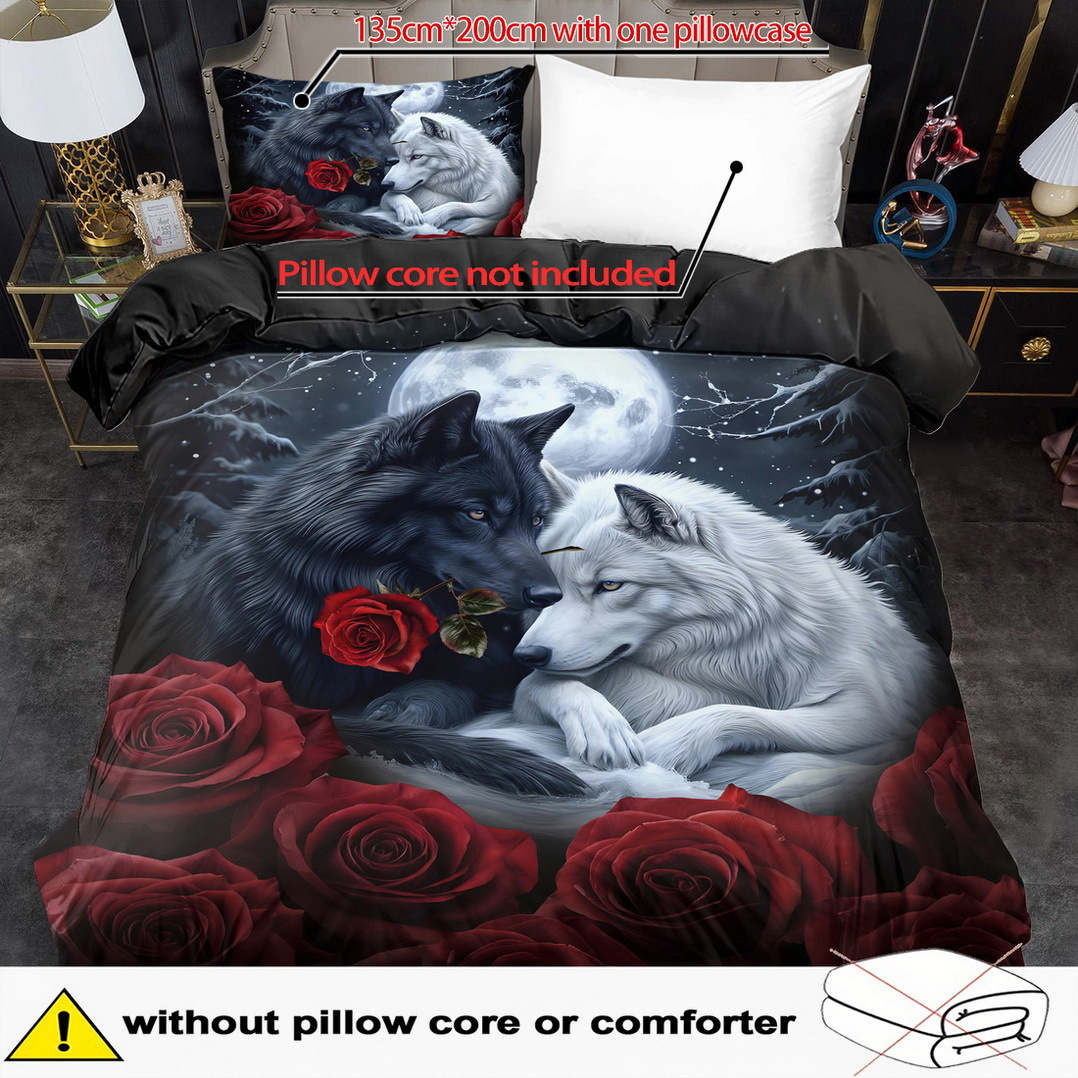 E-shop Wolf Bettwäsche Tier Bettbezug Set Rote Rosen Bettdeckenbezug Schlafzimmer Dekor Gästezimmer 2/3-teilig 2D Valentinstag Flachdruck (Enthält 1