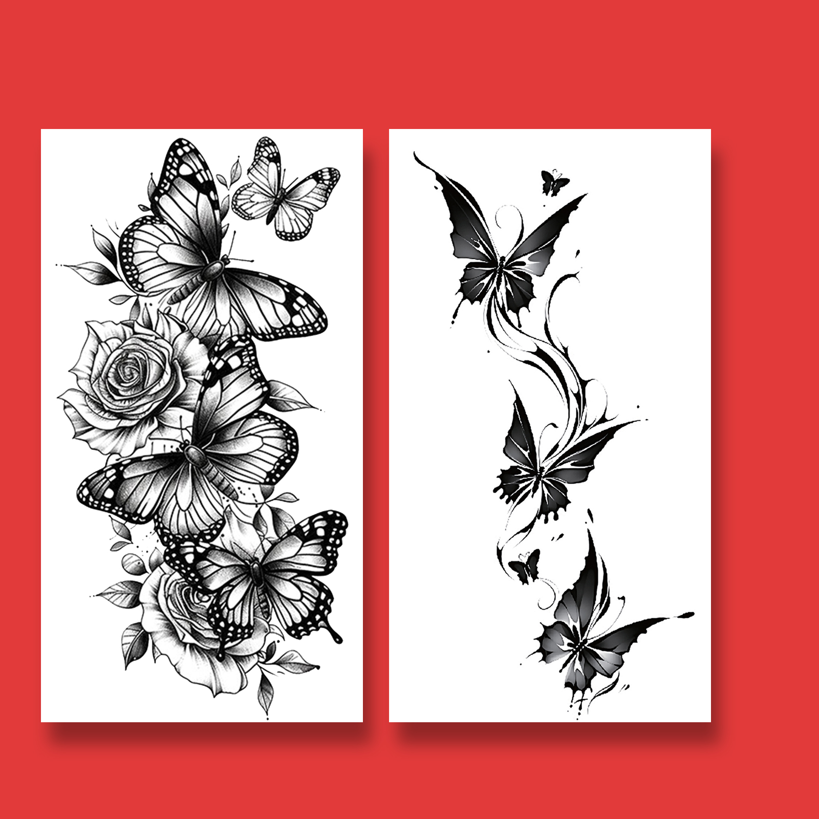 Image of Set Of 2 Temporary Tattoo Stickers Featuring Black Flowers And Butterflies, Designed For Women. Waterproof And Durable Fake Tattoos Are Suitable For Application On The Arm, Leg, And Chest