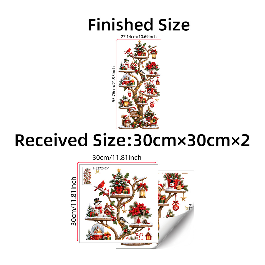 Image of 2pcs/1set Christmas Tree Wall Sticker, Snowman Reindeer Squirrel Bird Xmas Ornaments Wall Decal, Vintage Art Mural For Living Room Entryway Home Indoor Christmas Party Wall Decor