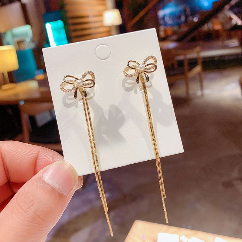 TEMU Parure de 2 pièces de boucles d'oreilles détachables 2 voies, longues, synthétiques, en , à clous et pampilles avec nœud papillon, adaptées aux