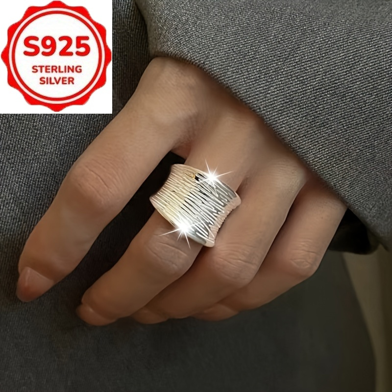 TEMU A Stylish 925 Silver Wide Band Ring Designed For Women, Featuring A Geometric Adjustable Style, Perfect For Hip-hop Fashion, Ideal For Everyday