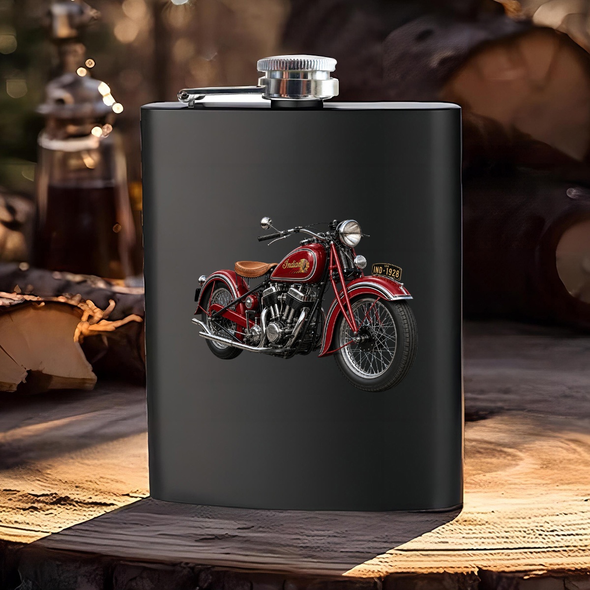 TEMU Outdoor Water Bladder Vintage Motorcycle Black , Indian 1928 Motorbike Stainless Steel Hip , Retro Design, Portable Leakproof Liquor , Gift For