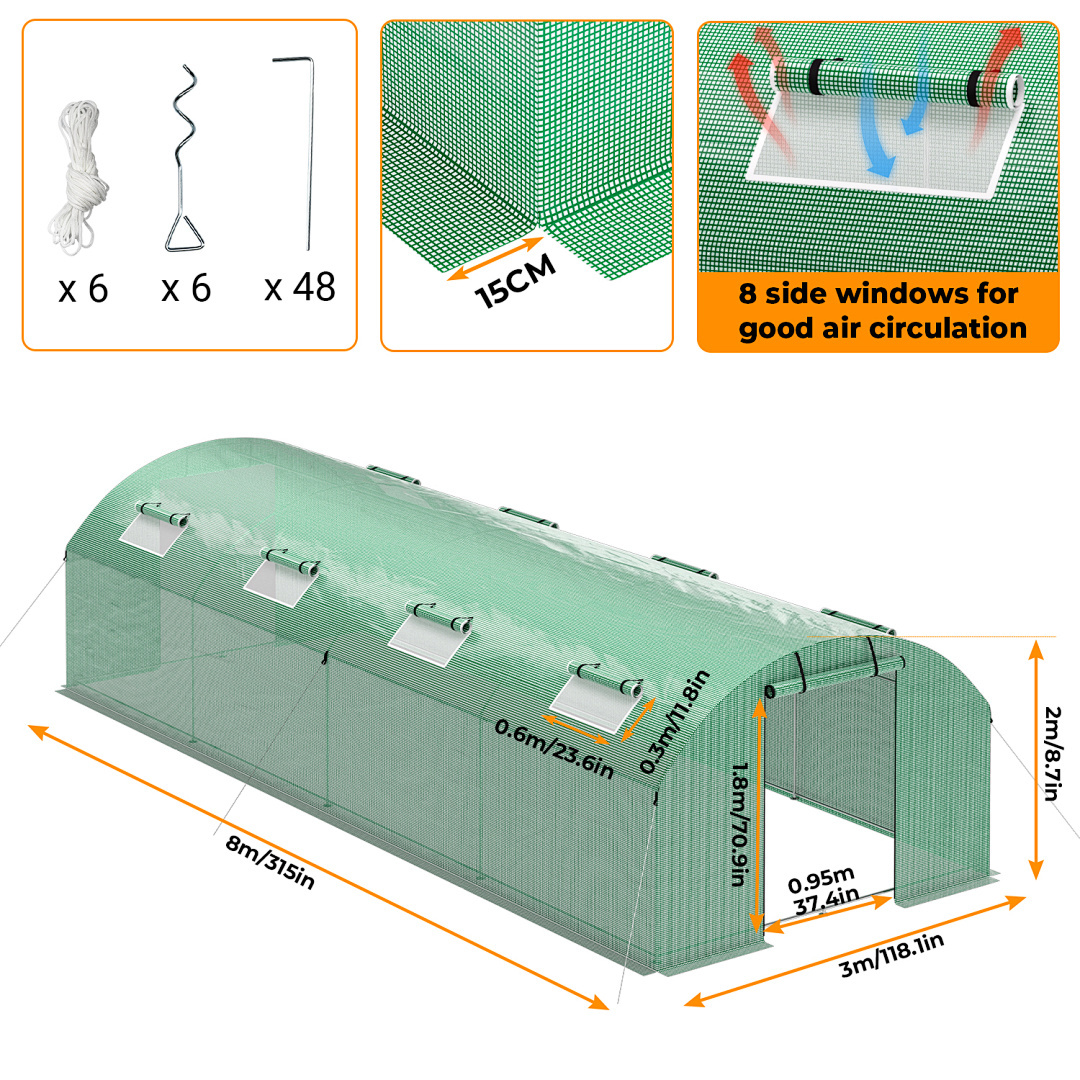 Image of Heavy Duty Walk-in Tomato Greenhouse, 3 Sizes , ²/ 18 M²/ 24 M², Galvanized Steel Structure With 140 G/m² Uv-resistant Cover For Outdoor Gardening