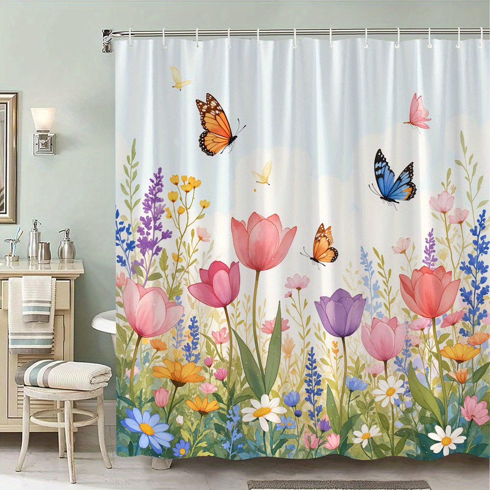 TEMU 1pc Rideau de Douche Prairie Florale avec Papillons, Illustration Numérique de Tulipes et Marguerites Colorées, Design de Jardin Fantaisiste et