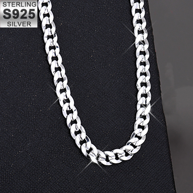 

Elegant Sterling S925 Silver Flat Cuban Chain Necklace - Unisex Jewelry For Christmas, All , Gift , Parties - No Mosaic 925 Silver Plated, 7mm