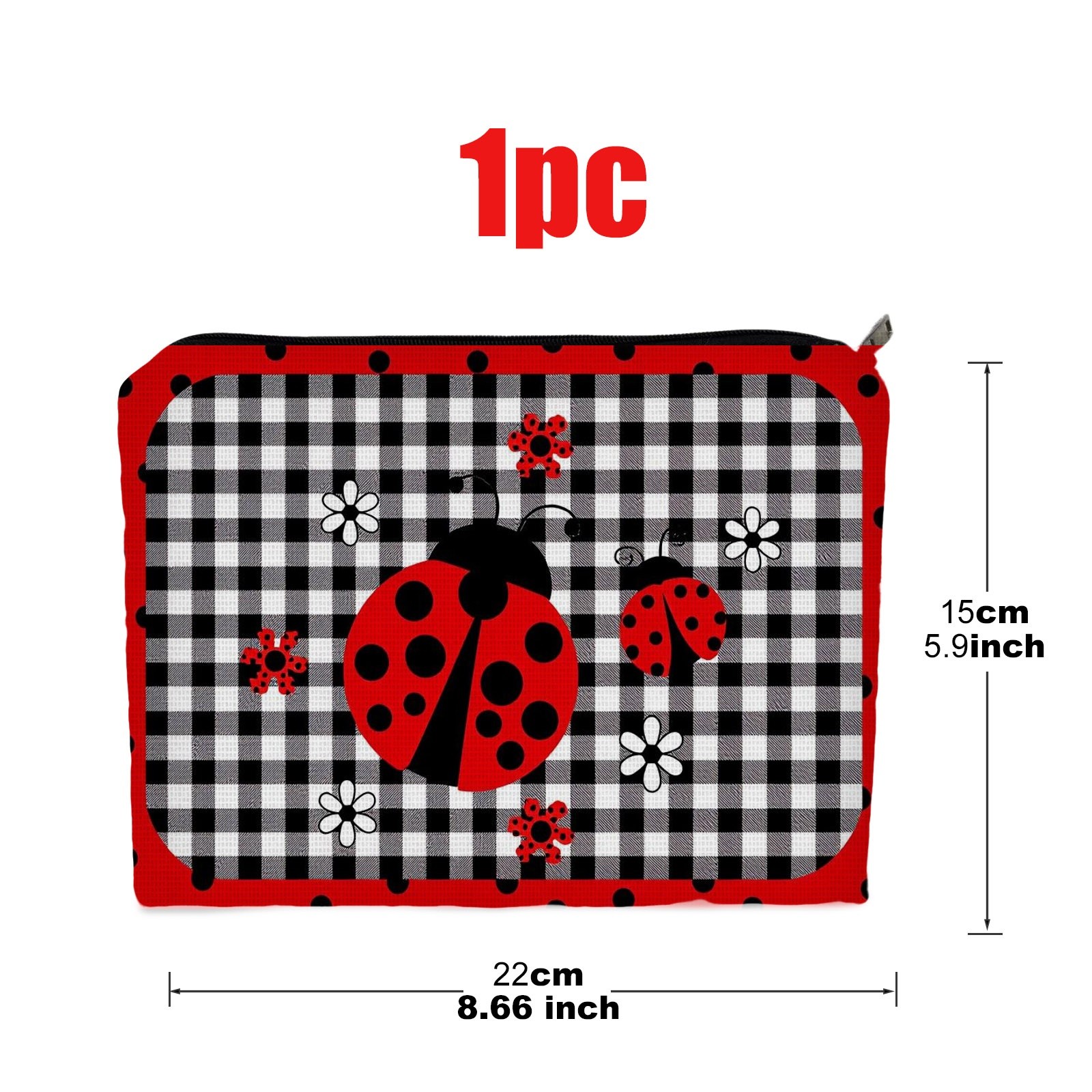 TEMU 1pc Double-sided Cosmetic Bag With Ladybug & Flower Print - Black-white Checkered & Red Border Suitable For Travel,, Daily Use, Portable Makeup