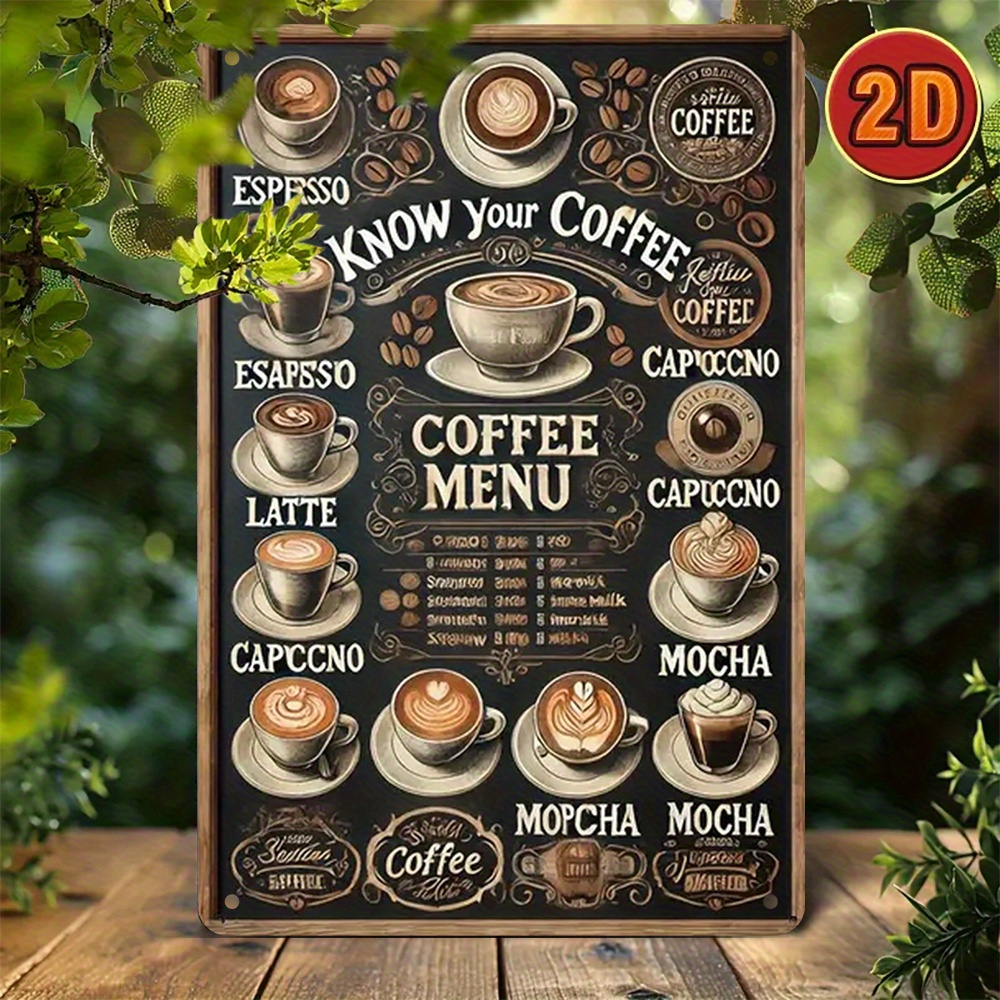 2d flat vintage coffee menu metal wall hanging 7 87x11 8 inches rustic art sign featuring illustrations of espresso cappuccino and mocha suitable for homes without electricity cafes bar decor   christmas thanksgiving