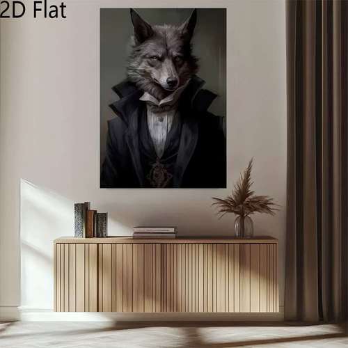 2d plat, 1 wolf in tuxedo antropomorf herenportret - lijstloos canvas wanddecoratie, vintage zwart-wit voor thuis, kantoor, bar decoratie - stijlvolle wolf in pak poster, /buitengebruik, perfect cadeau, 2d plat