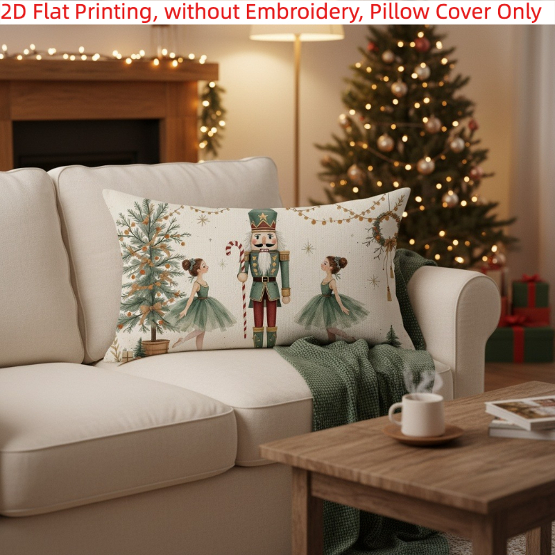 TEMU 1pc, 2d Flat Printing, Christmas Nutcracker Soldiers Ballet Dancers Striped Vines Golden Accents Pillow Cover, Single-sided Printing, Without