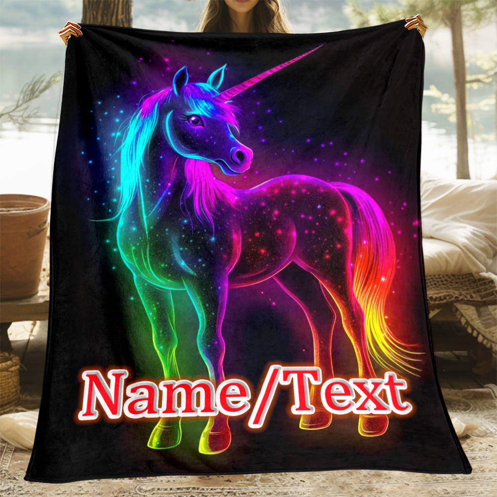 

Personalized Unicorn & Blanket - Soft, Warm Flannel | Ideal For Camping, , Hiking, Travel, Sofa, Bedroom, Living Room, Office Chair | Custom Name/text | Multiple Sizes