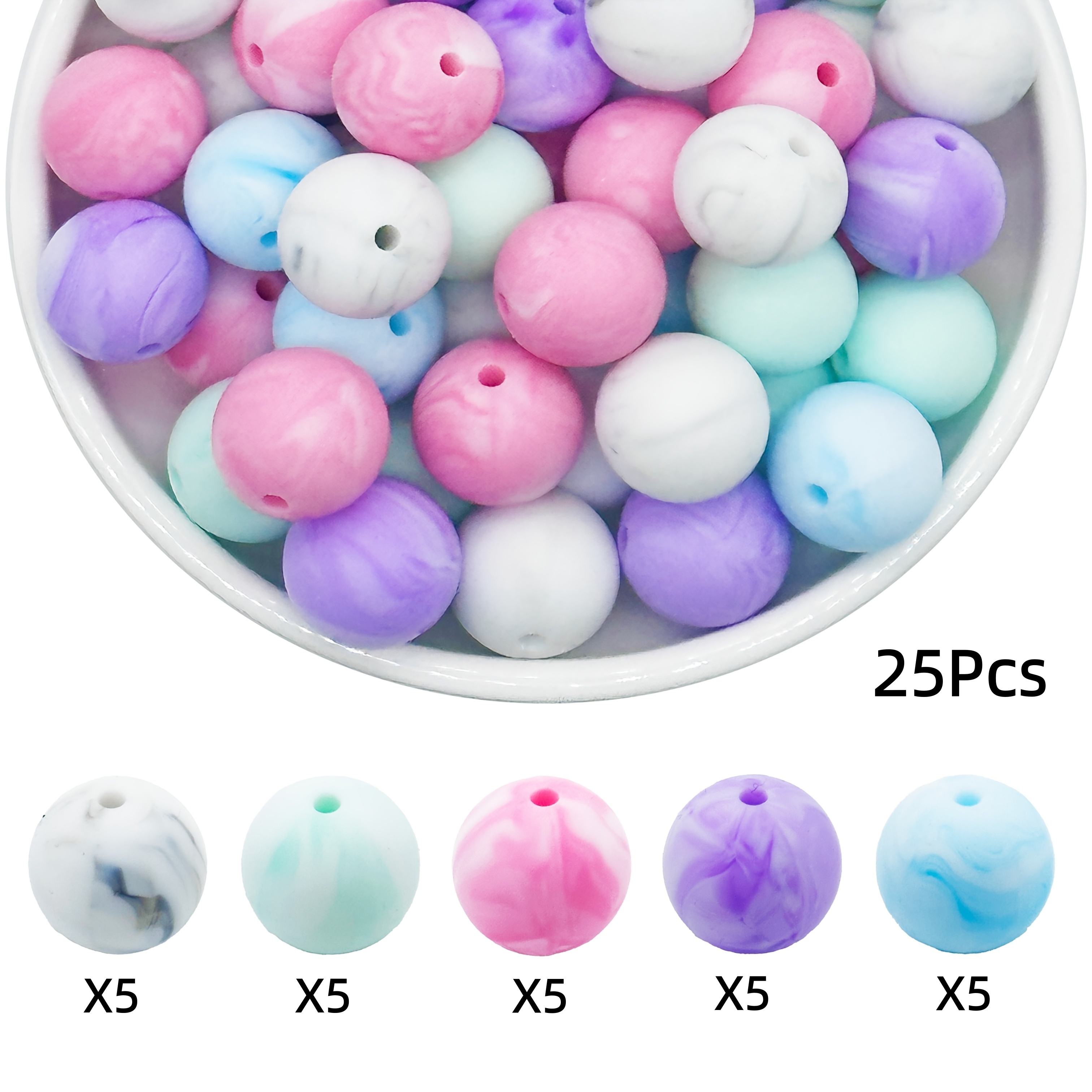 TEMU 25pcs 15mm Two- Mixed Silicone Round Loose Beads, Suitable For Making Handmade Materials Such As Bracelets And Necklacesbeads& Bead Assortments)
