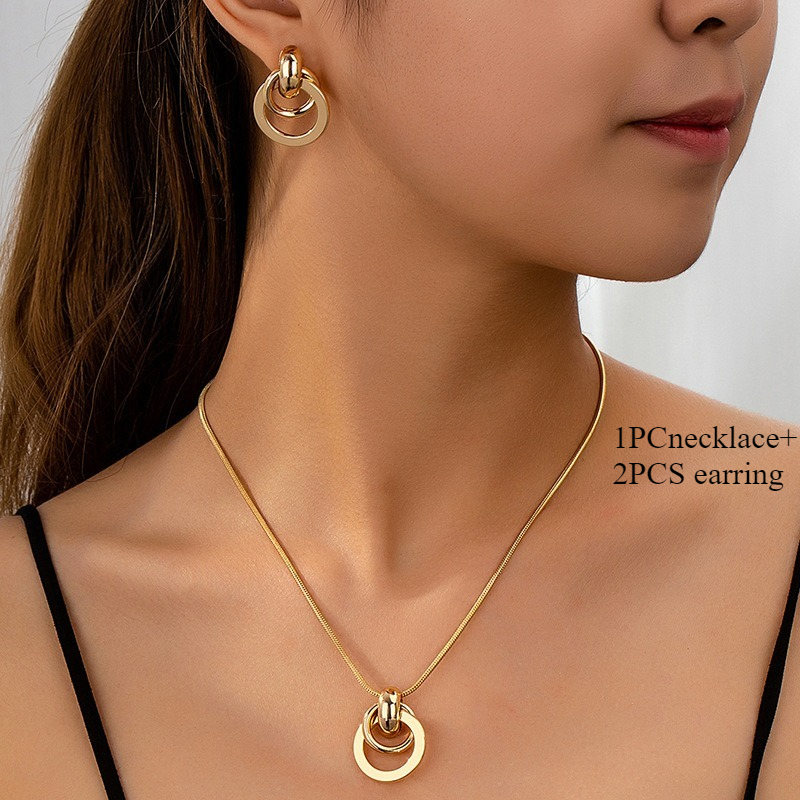 Image of 1pc Necklace + 2pcs Earrings Bohemian Stylish And Simple Classic Geometric Circle Double Ring Folding Women's Jewelry, Suitable For Daily Wear At Vacation Parties