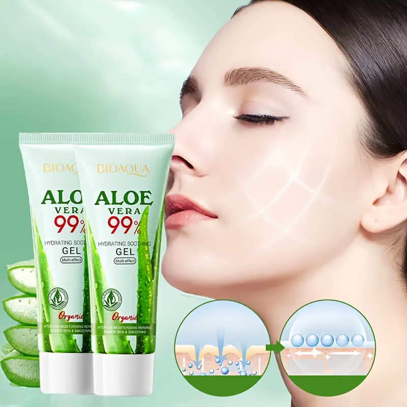 2 Bucăți BIOAQUA Gel Hidratant cu 99% Aloe Vera, Potrivit pentru Toate Tipurile de Piele - Fără Alcool, Fără Formaldehidă, cu Vitamina C, Nicotinamidă, Glicerină, Squalan Vegetal - Hidratant Intens pentru Piele Uscată, Post-Fade și Post-Procedură