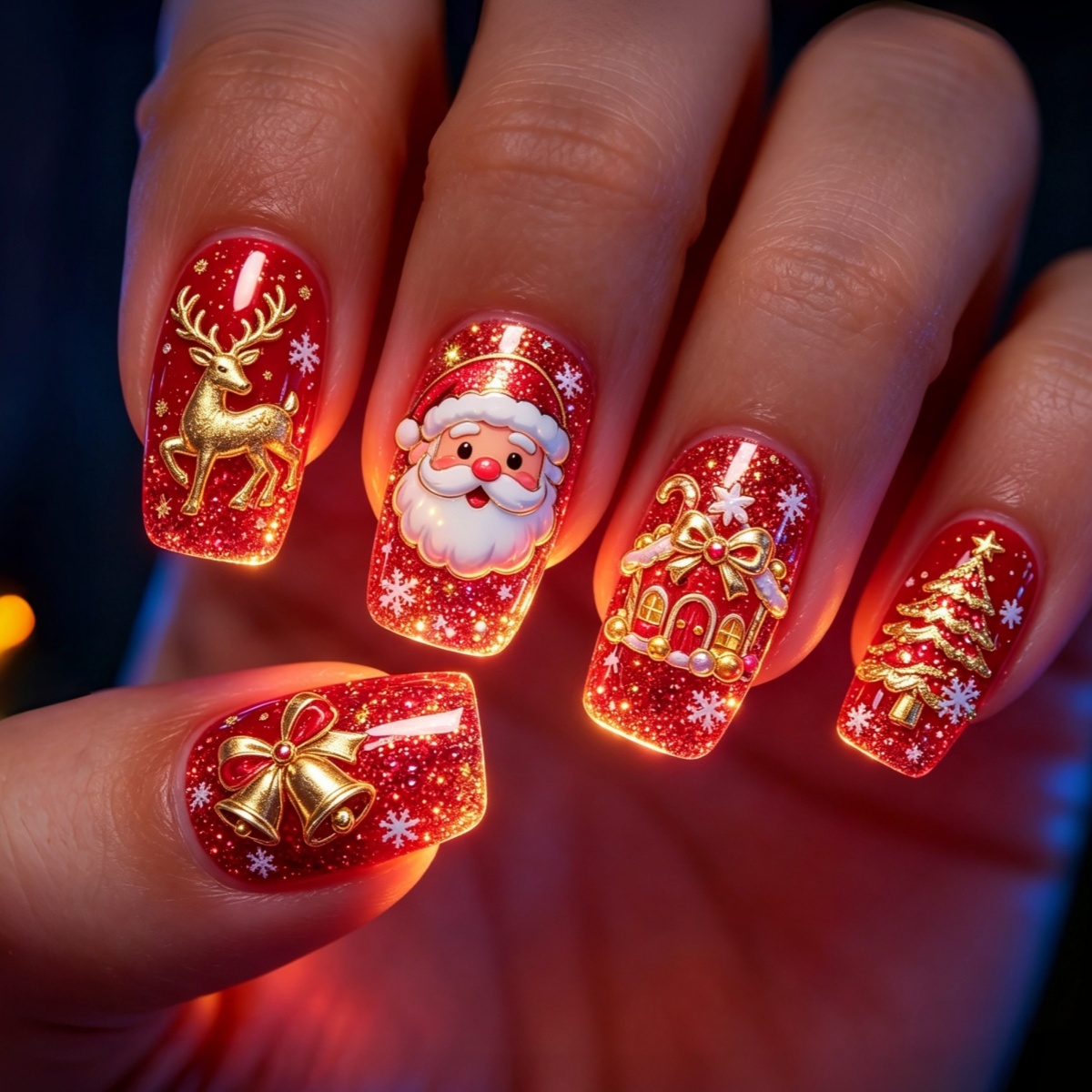 TEMU 24 uñas postizas con base dorada, forma de renos, Papá Noel, , árbol de Navidad, , de uñas, reutilizables, media, cuadradas , portátiles, uñas