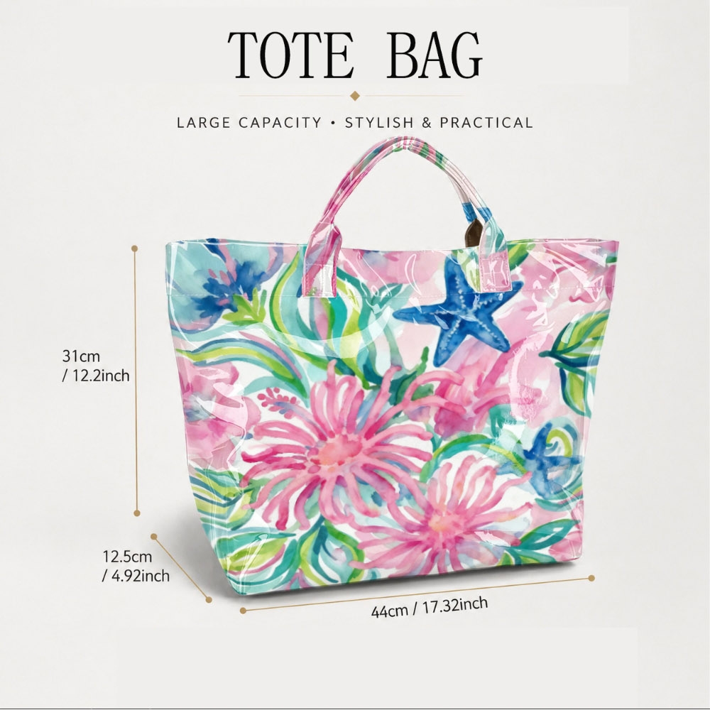 TEMU Watercolor And Starfish Print Tote Bag, Soft And Ocean Pattern Shoulder Bag, Whimsical Coastal Design Handbag, Glossy Lightweight Top Handle Bag